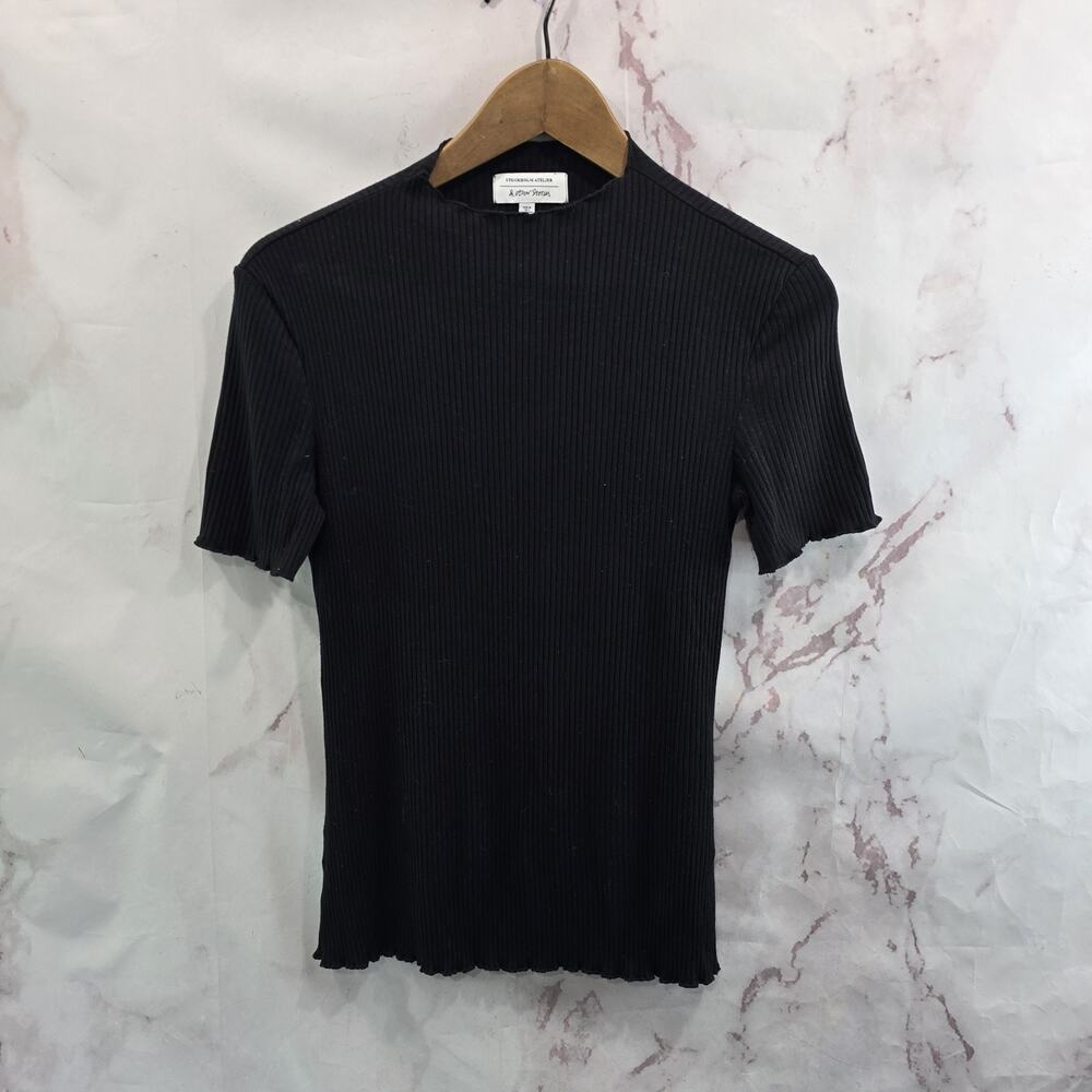 & Other Stories T Shirt Womens Small 4 Black Ribbed Lettuce Hem Tiny Tee